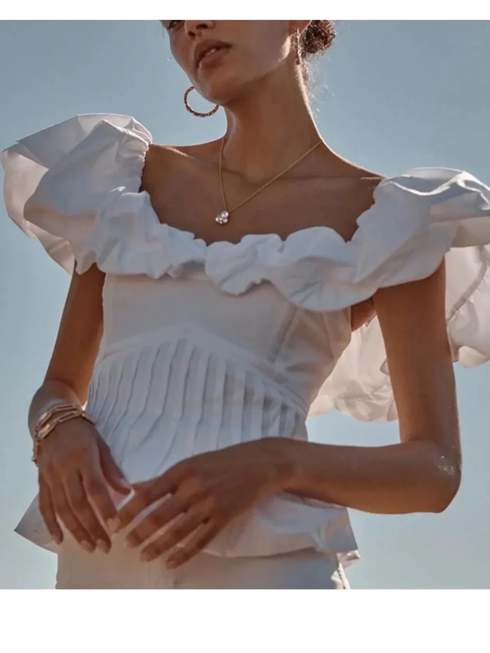 White House Black Market White Pleated Puff Sleeve Peplum Top - Picture 4 of 4